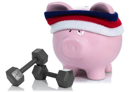 Pink piggy bank with sweat bank and dumbbells